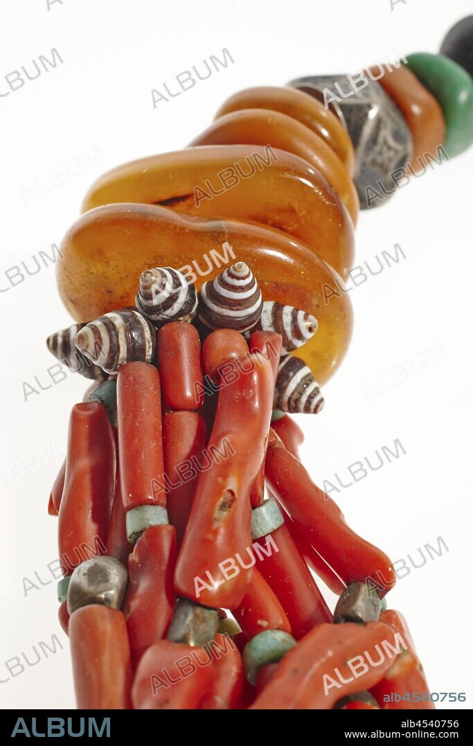 woman's necklace, Ida ou Sental people, 20th century, silver, enamel, coral, amber, glass, stone, shell, fiber, 29-1/4 x 2 x 2 in., African Art.