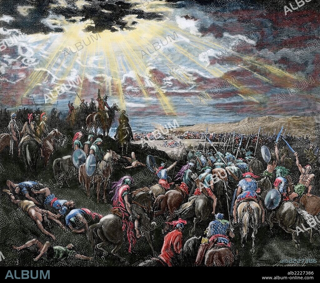 ANTIGUO TESTAMENTO. "JOSUE ora a Dios para que el sol se pare". Libro de Josué, Cap. X, Ver. 12 al 15. Dibujo de Gustavo Doré. Siglo XIX. Grabado coloreado.