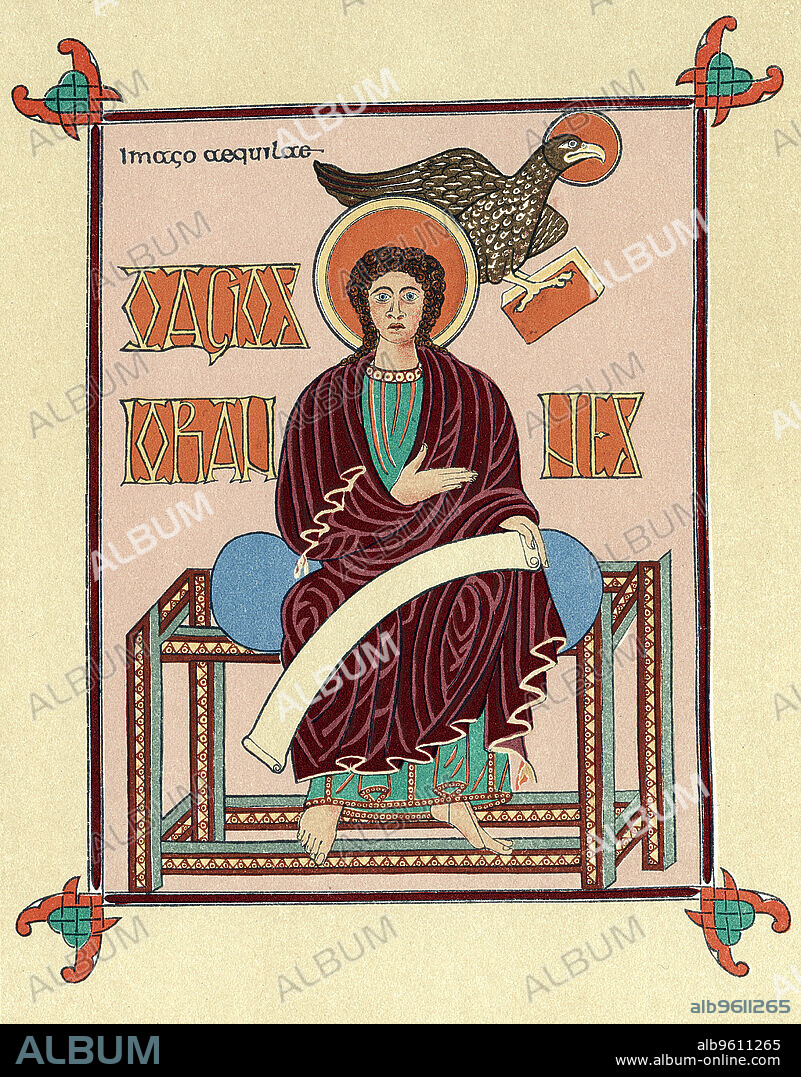 St John the Evangelist from the Lindisfarne (Durham) Gospel Book, c720. Produced at Lindisfarne, England, it is St Jerome's Latin version of the four Gospels made in the 4th century and known as the Vulgate.  As well as being a religious text, the Lindisfarne Gospels is one of the great treasures of Celtic art.