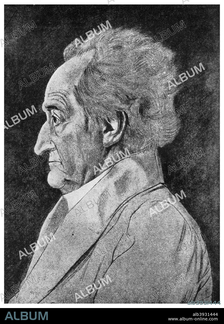 Goethe, German poet, 19th century (1956). Johann Wolfgang von Goethe (1749-1832) was a novelist, dramatist, poet, humanist, scientist, philosopher, and for ten years chief minister of state at Weimar. He is best known for his dramatic poem Faust, completed in 1832. A print from People, a volume about the origin and early history of many things, common and less common, essential and inessential, by Readers Union, the Grosvenor Press, London, 1956.