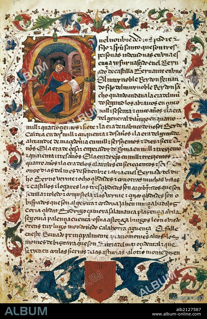 JORGE INGLÉS. SANTILLANA, Iñigo López de Mendoza, marqués de (Carrión de los Condes, 1398-Guadalajara, 1458). Escritor español. Página perteneciente al "LIBRO DEL CONOCIMIENTO DE TODAS LAS COSAS" con la miniatura del MARQUES ESCRIBIENDO, en la LETRA CAPITULAR realizada por el pintor castellano Jorge INGLES (1450-1500). Biblioteca Nacional. Madrid. España.