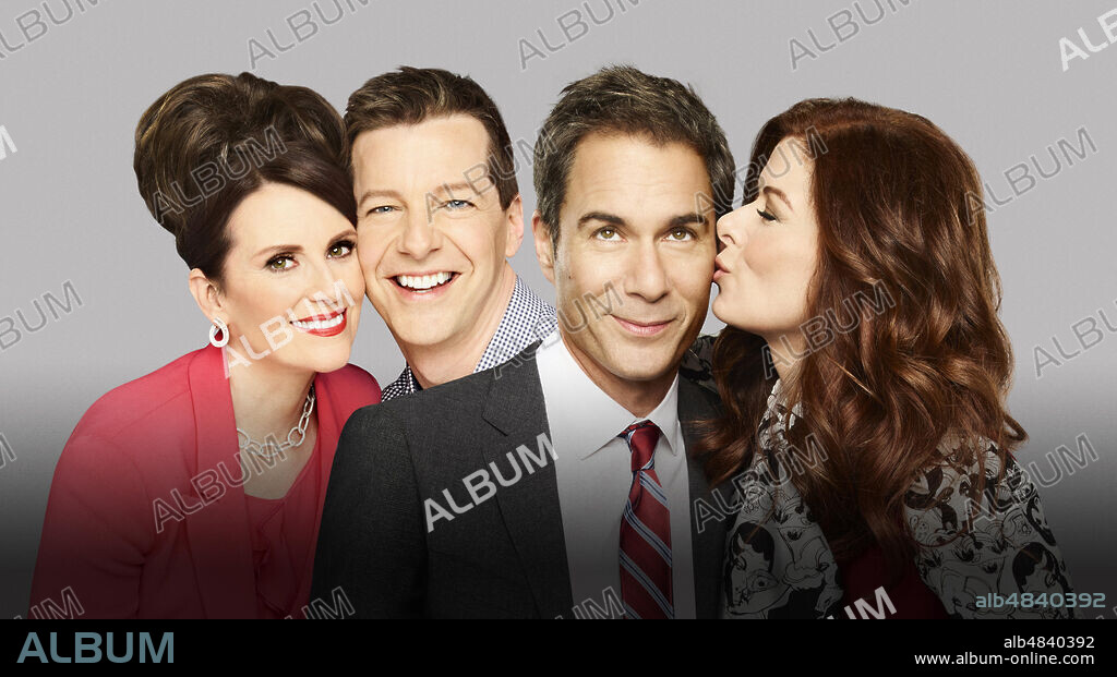 DEBRA MESSING, ERIC MCCORMACK, MEGAN MULLALLY and SEAN HAYES in WILL & GRACE, 1998, directed by JAMES BURROWS. Copyright NBC. Season 11.