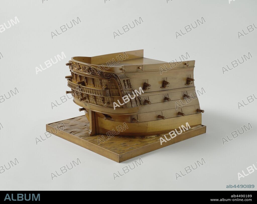 Model of the Stern of an 84-Gun Ship of the Line, Waterline model of the stern of a line ship of 84 pieces. Waterline model of the external appearance of a stern on a floorboard in which waves are carved in relief. Round stern with two-storey wulf and fence, elaborately decorated with trophies, mythological figures and accolades, and with side galleries. The western corridor on the top floor is decorated with the Rijkswapen and is supported by volute-shaped knees. Above the fence a Neptune surrounded by tritons. Triangular hemp hole in the wulf. Four decks are indicated by gates with fire mouths. Two barkwoods and a deer. 1:40 scale (derived), Neptune (ship), King of the Netherlands (ship), anonymous, c. 1826, wood (plant material), model: h 37.3 cm × w 57.4 cm × d 51 cm packaging capsule: h 41 cm × w 56.5 cm × d 53 cm.