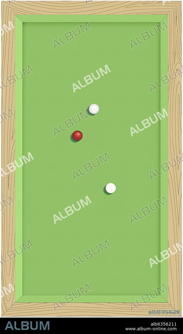 Game that is played on a pocketless table with three balls (one red and two white); players hit their own white balls to hit the other balls.