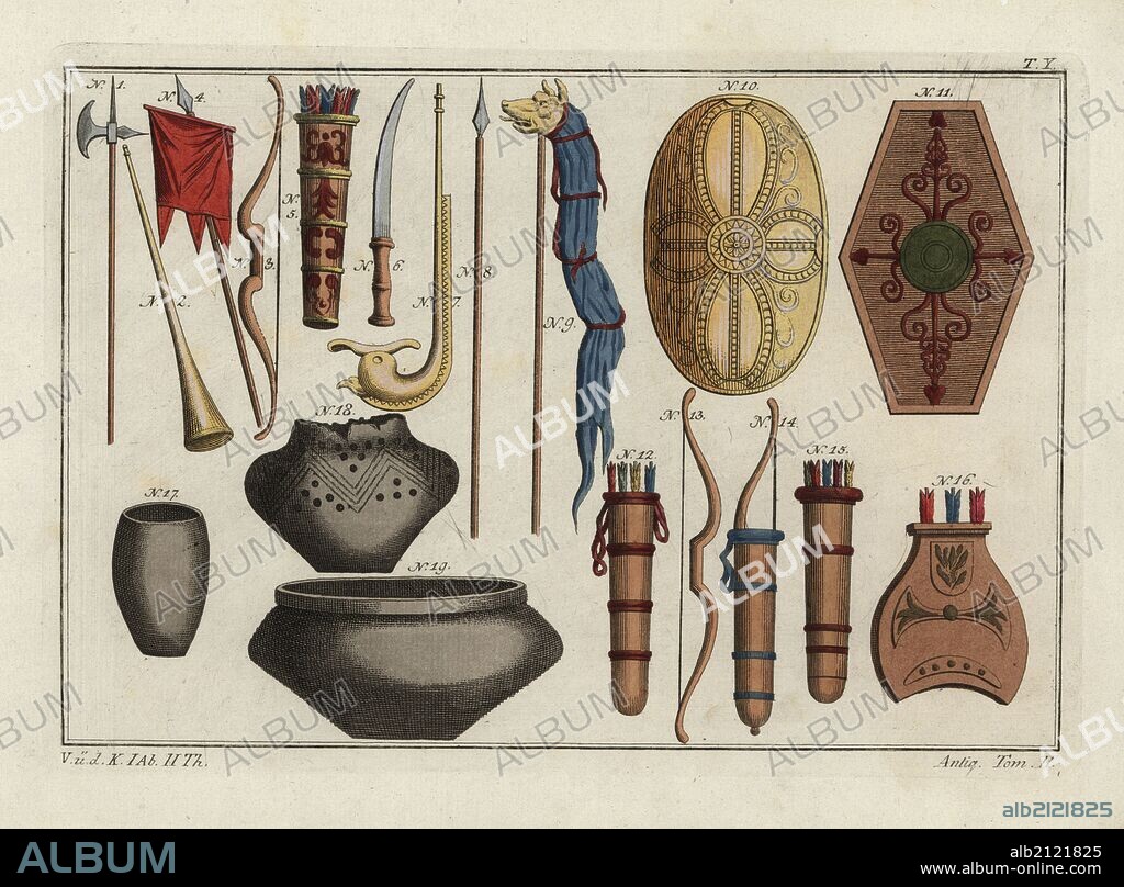 Barbarian axe (1), trumpet and flag of the Dacians and Sarmatians (2, 4), Barbarian bow (3), Dacian quiver (5), Barbarian sword (6), lance (8-9), shield (10), German cavalry shield (11), Armenian quivers and bows (12-16), urns of the ancient Germans (17-19). Handcolored copperplate engraving from Robert von Spalart's "Historical Picture of the Costumes of the Principal People of Antiquity and of the Middle Ages," Metz, 1810.