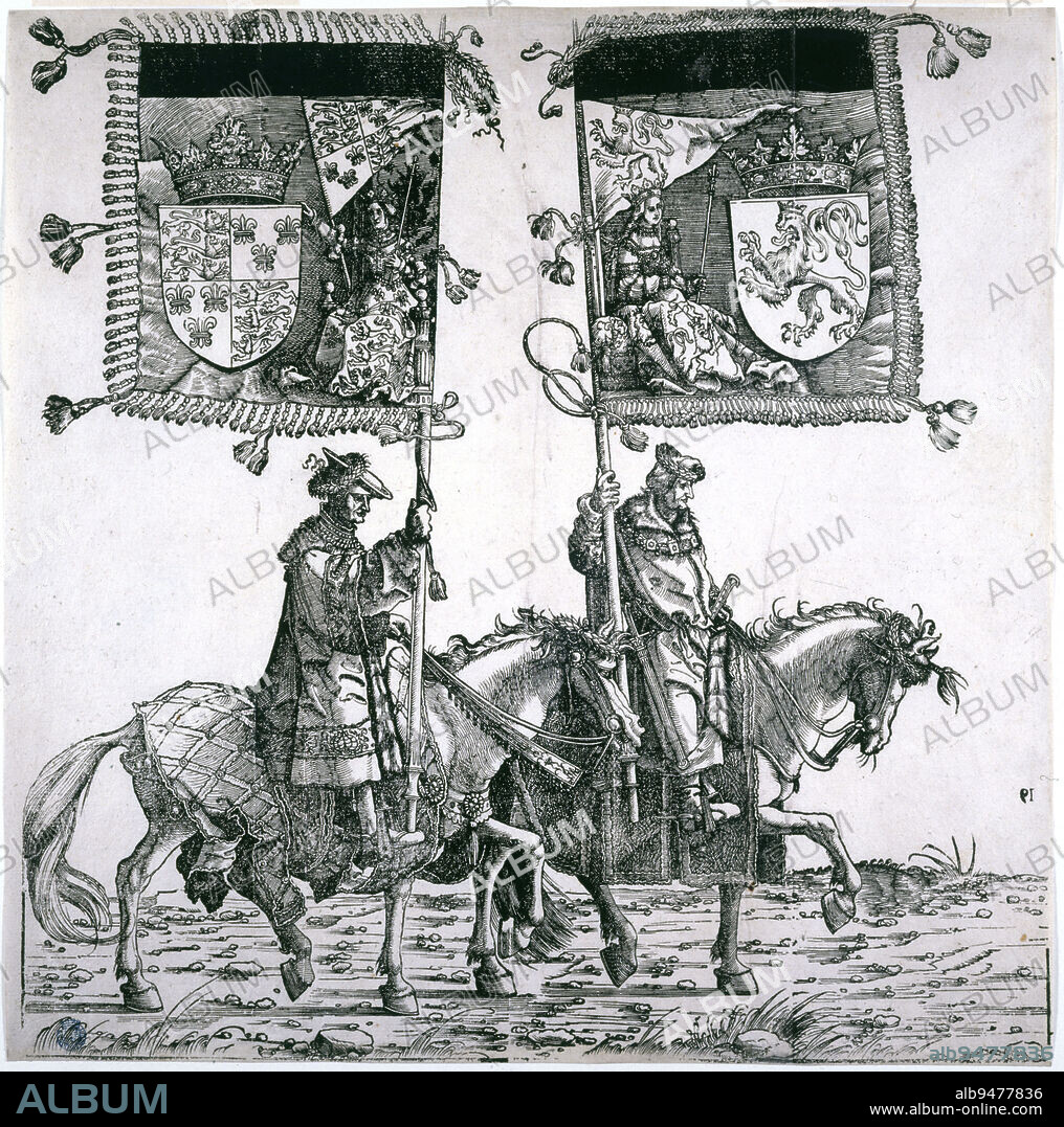 The Triumphal Procession of Emperor Maximilian I: Two Horsemen with Standards (Dornik-Eger 36, Bartsch 81), Burgkmair, Hans (the Elder), Author of the model, Dürer, Albrecht (workshop of), Engraver, Between 1512 and 1519, 1st quarter of the 16th century, Print, Graphic arts, Original print, Dimensions - Work: Height: 39.2 cm, Width: 39 cm.
