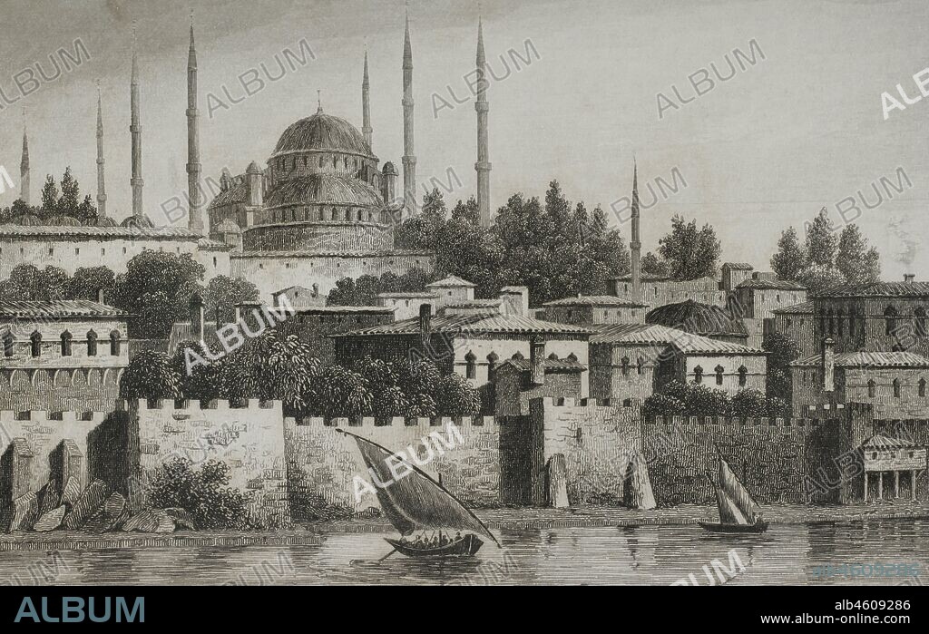 Ottoman Empire. Turkey. Constantinople (today Istanbul). Sultan Ahmed Mosque or Blue Mosque.  It was built by the Ottoman sultan Ahmed I between 1609 and 1616. Engraving by Lemaitre and Lalaisse. Historia de Turquia by Joseph Marie Jouannin (1783-1844) and Jules Van Gaver, 1840.