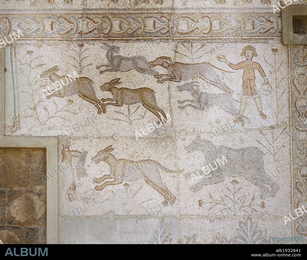 Syria. Bosra (Busra al-Sham). Daraa District. Roman mosaic, 6th century, discovered in the Theatre. Scene of hunting (dogs chasing hare).
