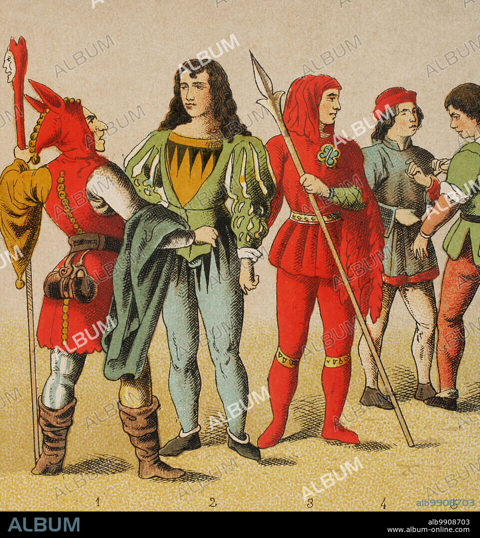 History of Germany. Middle Ages. 1450-1500. From left to right, 1: jester, 2: knight, 3: bailiff, 4: citizen, 5: carpenter. Chromolithography. "Historia Universal", by César Cantú. Volume VIII, 1881.