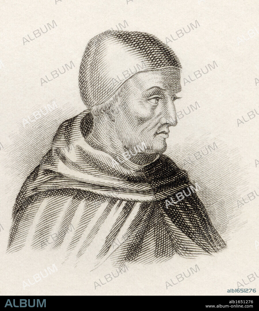 Saint Albertus Magnus, born between 1193 and 1206 died 1280. Also known as Saint Albert the Great, Albert of Cologne, Albertus Teutonicus, Frater Albertus de Colonia, Albertus Ratisbonensis, or Albertus Grotus. German philosopher and theologian, Dominican friar and bishop. From the book Crabbes Historical Dictionary published 1825.