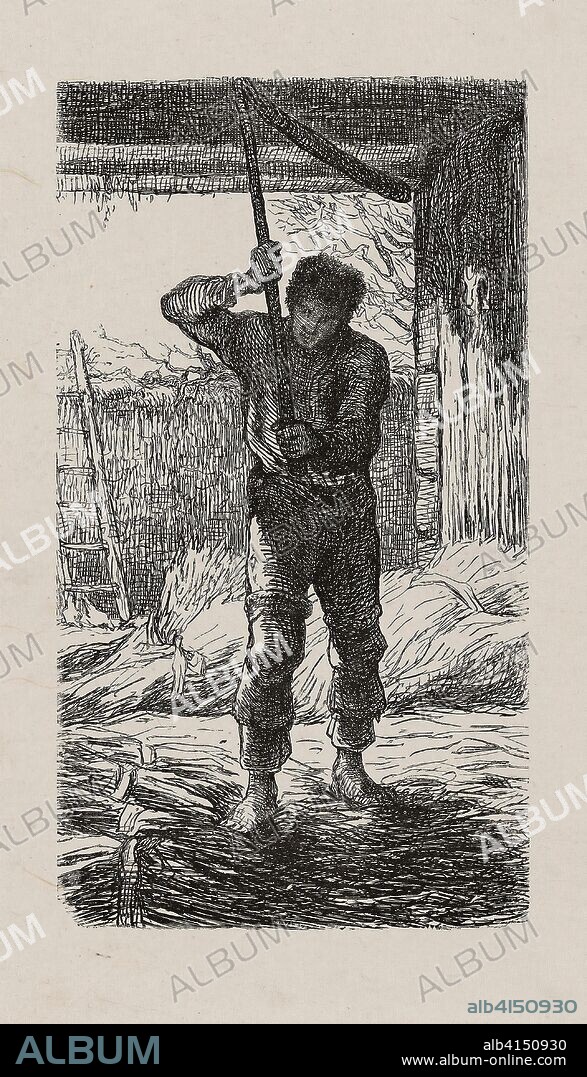 Thresher. Jacques Adrien Lavieille (French, 1818-1862); after Jean François Millet (French, 1814-1875). Date: 1853. Dimensions: 135 × 75 mm (image); 182 × 132 mm (primary support); 307 × 255 mm (secondary support). Wood engraving in black on gray China paper, laid down on off-white wove paper (chine collé). Origin: France.