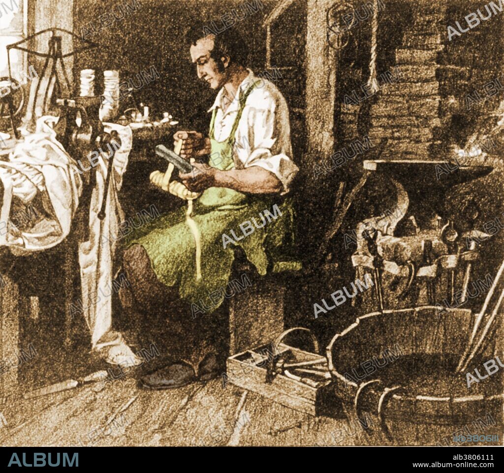 Thomas Davenport (July 9, 1802- July 6, 1851) was a Vermont blacksmith. In 1834 he bought an electromagnet from the Crown Point factory and took it apart to see how it worked. Then he forged a better iron core and redid the wiring, using silk from his wife's wedding gown, and constructed the first American DC electric motor. He used it to operate a small model car on a short section of track, paving the way for the later electrification of streetcars. He received the first American patent on an electric machine in 1837, U. S. Patent No. 132. He died in 1851 at the age of 48.