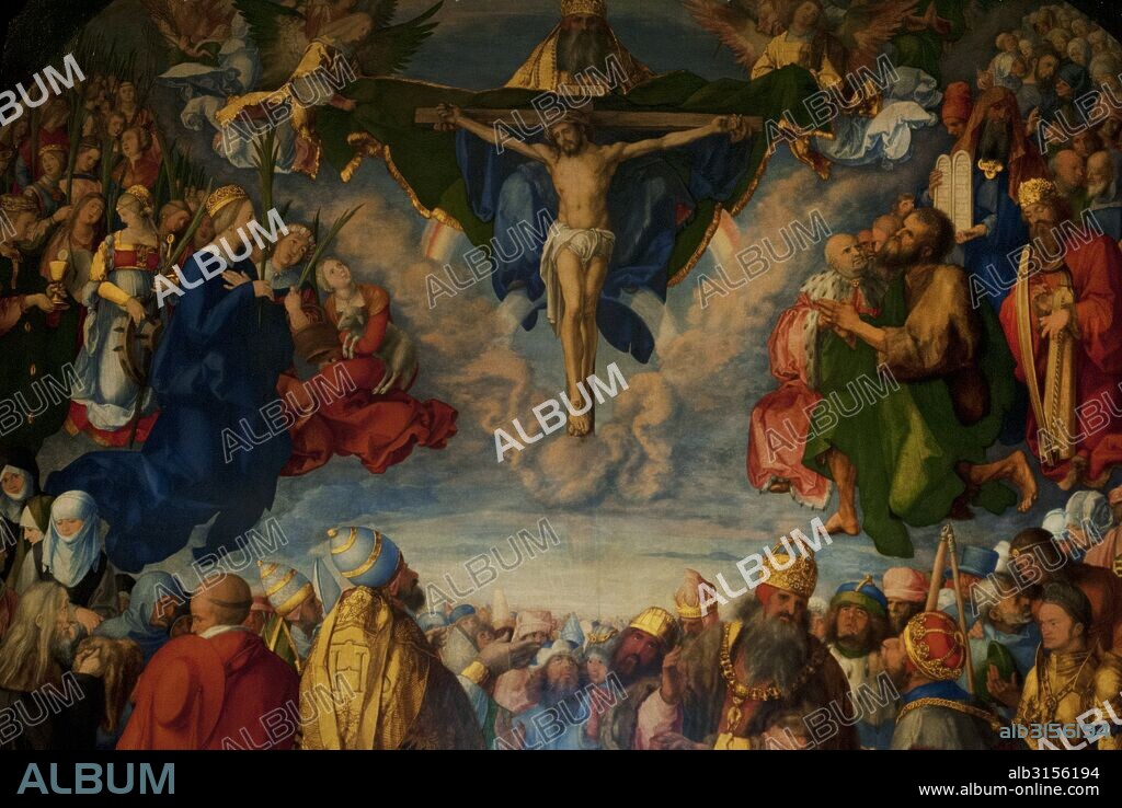 ARTE RENACIMIENTO. ALEMANIA. Alberto Durero (1471-1528). Pintor del Renacimiento alemán. Adoración de la Santísima Trinidad o Retrato de Todos los Santos, 1511. Pintado al templo y óleo sobre madera. 135 x 123 cm. Museo de Historia del Arte. (Kunsthistorisches Museum). Viena. Austria. Detalle.