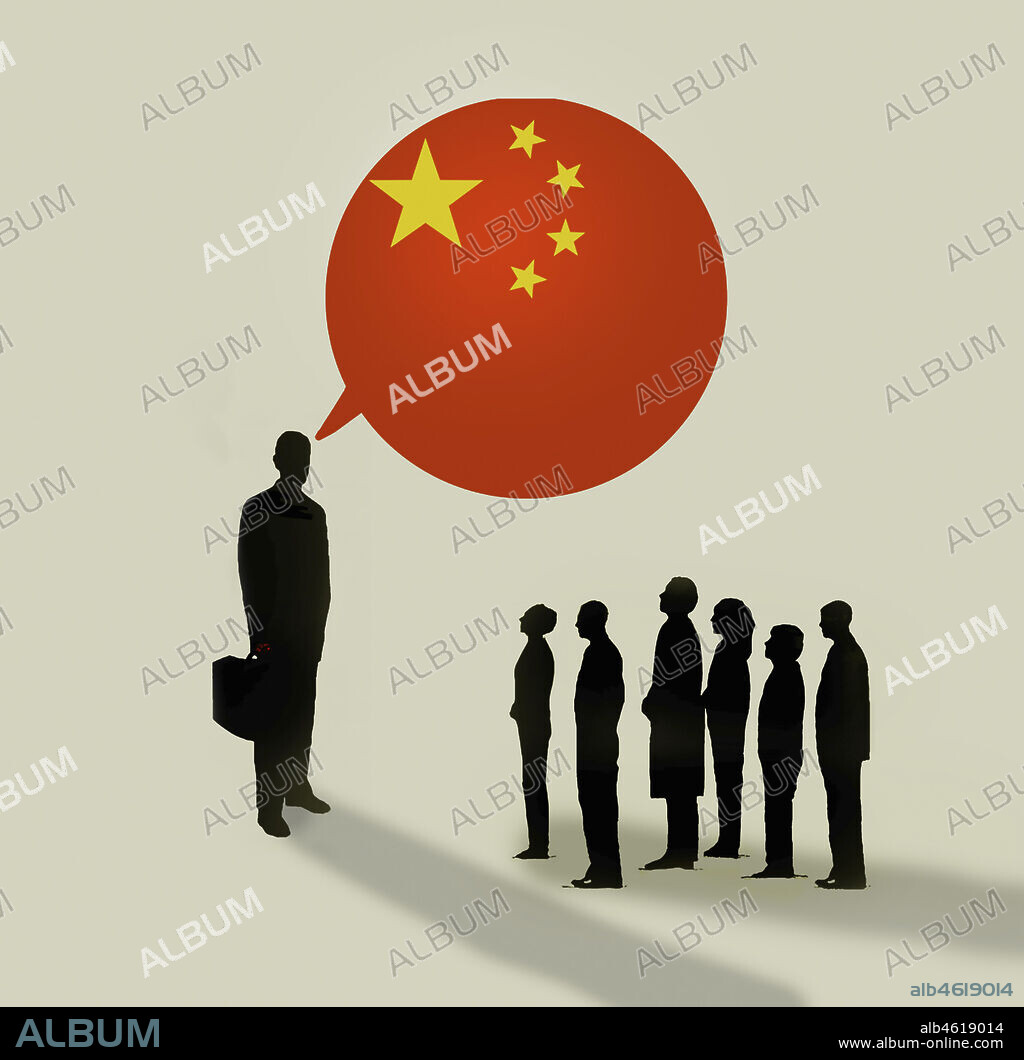 People listening to larger businessman talking with Chinese flag speech bubble.