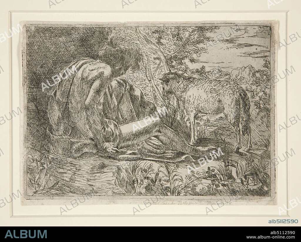 Artist: Giovanni Battista Caracciolo, called Il Battistello, Italian, 15781635, St. John Baptist in the Wilderness, Etching, Overall: 11.2 × 16.1 cm (4 7/16 × 6 5/16in.), Made in Italy, Italian, 17th century, Works on Paper - Prints.