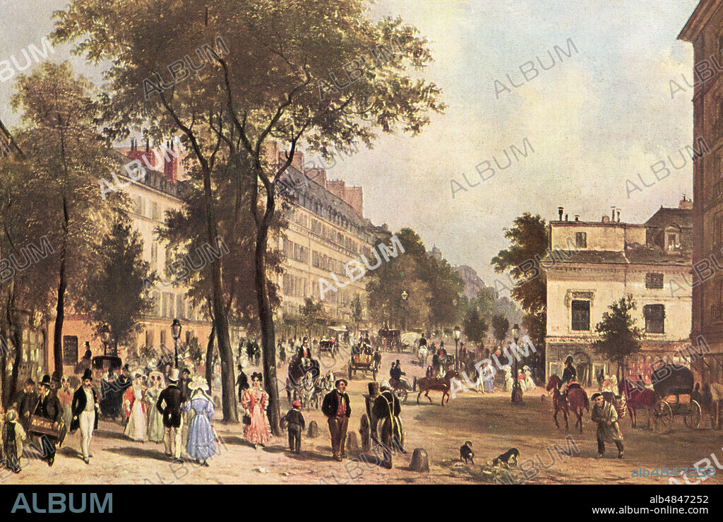 Les Grands Boulevards, from Le Boulevard des Italiens in the direction of Le Boulevard Montmartre, Paris, France in the 19th century.  After the painting by J. Canella. From L'Illustration, published 1936.