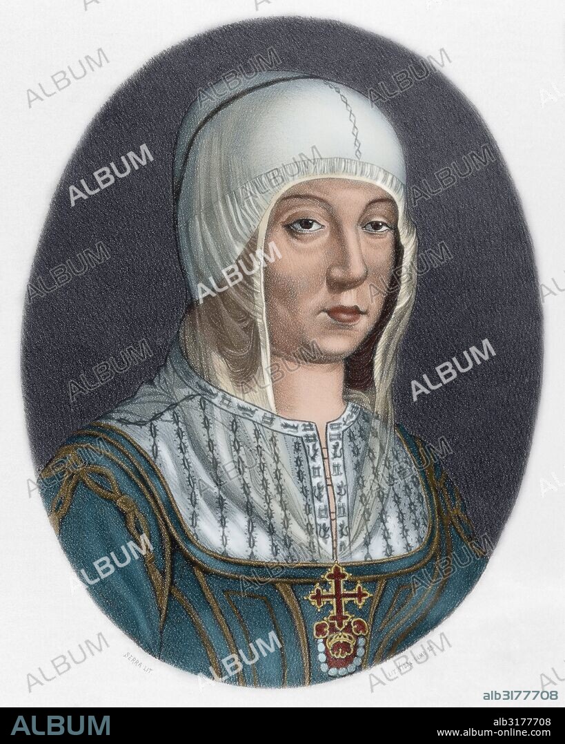 ISABEL I DE CASTILLA (Madrigal de las Altas Torres, 1451-Medina del Campo, 1504). Llamada ISABEL LA CATOLICA. Reina de Castilla (1474-1504), hija de Juan II de Castilla y de Isabel de Portugal. Reina consorte de Sicilia desde 1469 y de Aragón por su matrimonio con Fernando, príncipe heredero de la corona catalano-aragonesa. Grabado de "Historia de España Ilustrada", del siglo XIX. Coloreado.