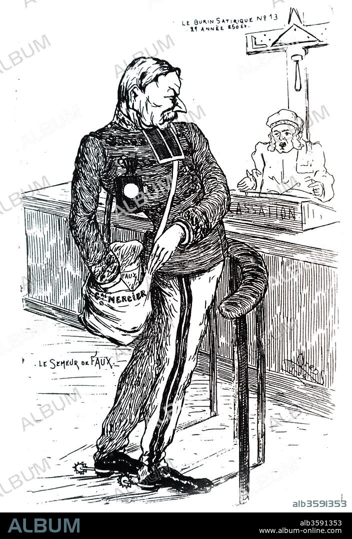 Cartoon depicting Auguste Mercier (1833 - 1921). Mercier was a French general and Minister of War at the time of the Dreyfus Affair. In March 1904, before the Criminal Chamber of the Supreme Court, Mercier again accused Dreyfus. On the eve of the judgment without reference by the Supreme Court, he was unable to provide any 'irrefutable' evidence despite the pleas of the anti-Semitic press and the nationalists. Dated 20th Century.