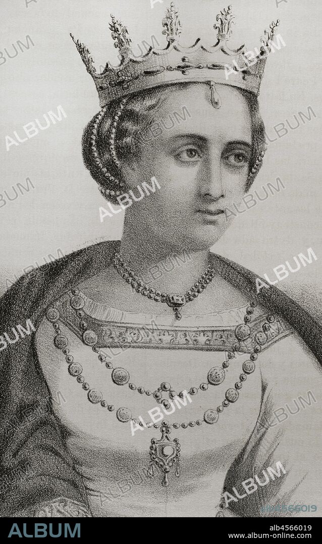Petronila I de Aragón (1136-1173). Reina de Aragón (1157-1164) y condesa consorte de Barcelona (1162-1164). Litografía. Detalle. Crónica General de España, Historia Ilustrada y Descriptiva de sus Provincias. Aragón, 1866. Biblioteca Histórico Militar de Barcelona, Cataluña, España.