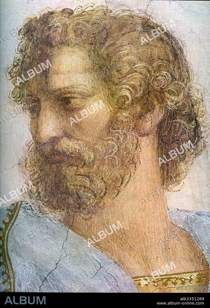 RAPHAEL (RAFFAELLO SANZIO DA URBINO). Aristotle. Stanza della Segnatura. The School of Athens (Detail).