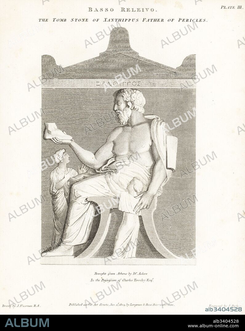 Xanthippus, father of Pericles, from a bas relief on his tombstone in the collection of Charles Townley. Copperplate engraving by J. Parker from a drawing by J. Flaxman from Abraham Rees' Cyclopedia or Universal Dictionary, London, 1818.