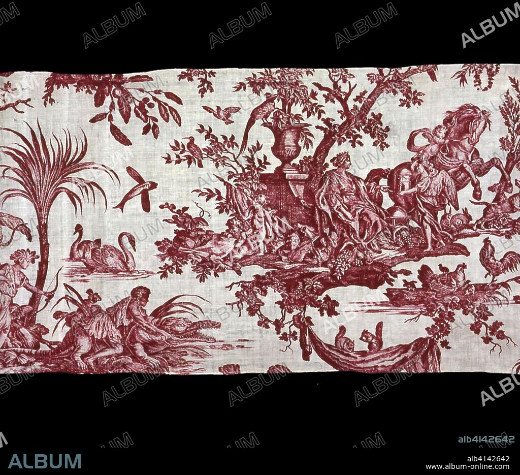 Les Quatre Parties du Monde (Four Quarters of the Globe) (Furnishing Fabric). Designed by Jean Baptiste Huet (French, 1745-1811) Engraved by Johann Elias Ridinger (Germany, 1698-1767); Manufactured by Christophe Phillipe Oberkampf (French, 1738-1815); France, Jouy-en-Josas. Date: 1785-1794. Dimensions: 91.4 × 98.2 cm (36 × 19 in.). Cotton, plain weave, copperplate printed. Origin: France.