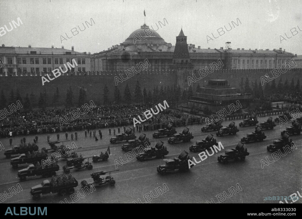 Parade on Red Square in Moscow, Nov. 7, 1945 -- Soviet artillery and searchlight units on Red Square. October 20, 1950. (Photo by V. Musinov, Pictorial Press).