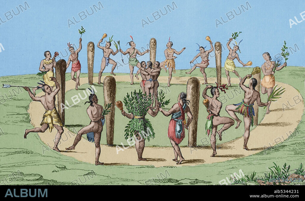 16th century. Native American dance. Virginia. Men and women dancing around "Three of the fayrest Virgins" at center. Engraving by Vernier, inspired by a 16th century illustration by Theodor de Bry (1528-1498). Panorama Universal. History of the United States of America, from 1st edition of Jean B.G. Roux de Rochelle's Etats-Unis d'Amérique in 1837. Spanish edition, printed in Barcelona, 1850. Later colouration.