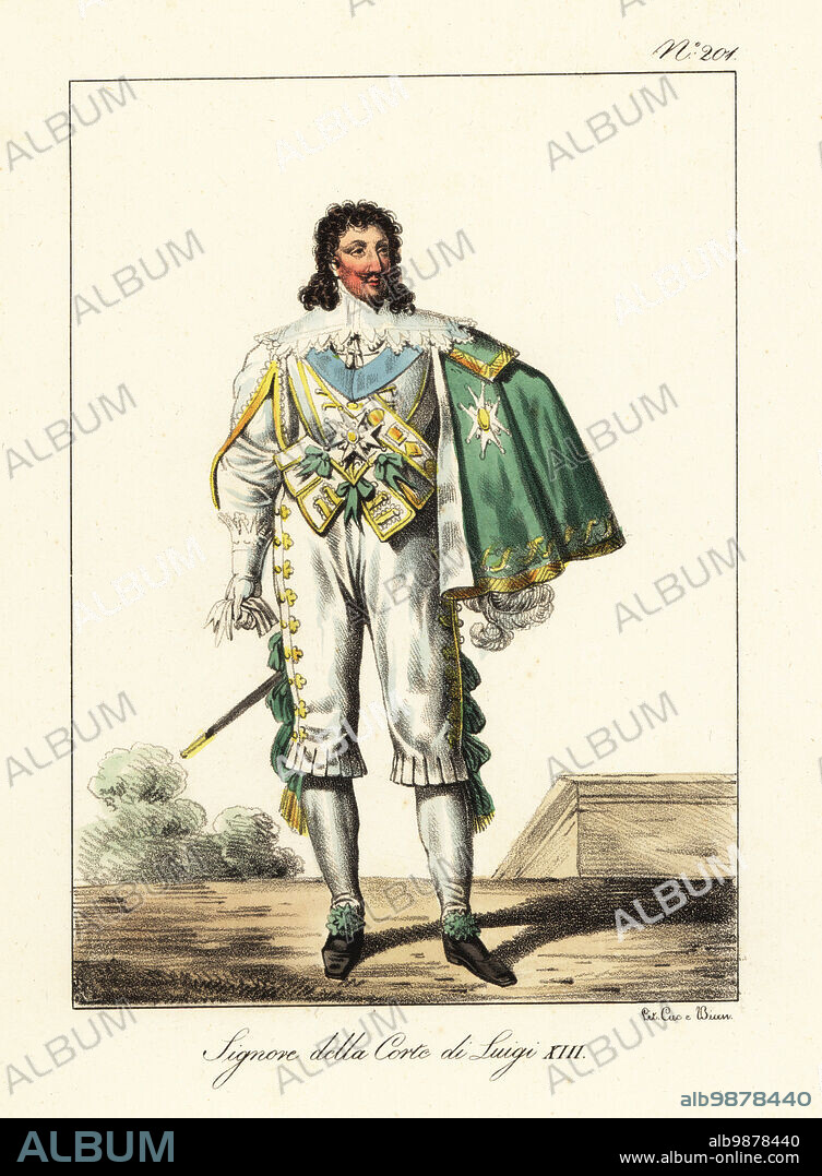French nobleman at the court of King Louis XIII, 17th century. In short cape, embroidered jacket and pantalons, hose and ribbon shoes, court sword. Seigneur de la Cour de Louis XIII. Handcoloured lithograph by Lorenzo Bianchi and Domenico Cuciniello after Hippolyte Lecomte from Costumi civili e militari della monarchia francese dal 1200 al 1820, Naples, 1825. Italian edition of Lecomtes Civilian and military costumes of the French monarchy from 1200 to 1820.