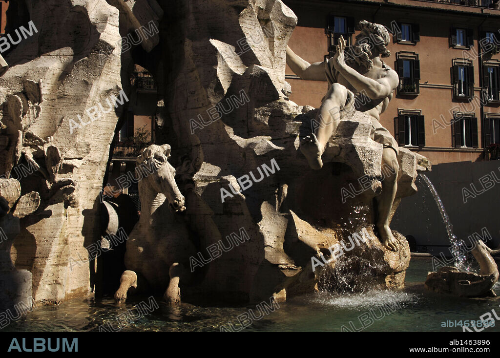 ARTE BARROCO. ITALIA. BERNINI, Gian Lorenzo (1598-1689). FUENTE DE LOS CUATRO RIOS (FONTANA DEI QUATTRO FIUMI) (1647-1651), donde se representan el Nilo, el Ganges, el Danubio y el Río de la Plata. Vista parcial. Plaza Navona. ROMA.