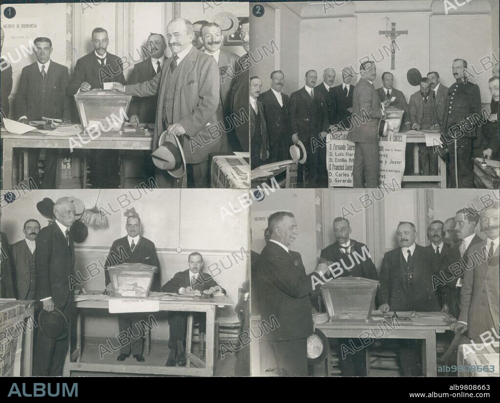 Junio 1919. Madrid. Las Elecciones Generales de Ayer. 1.-el Conde de Romanones Votando en el asilo de las Mercedes. 2.- el ministro de la Gobernación, Sr. Goicoechea, Votando en la sección de doña Blanca de Navarra. 3.-el Sr. dato Votando en la casa de la Moneda. 4.-el ministro de Instrucción, Sr. Silio, Votando en el asilo de las Mercedes.