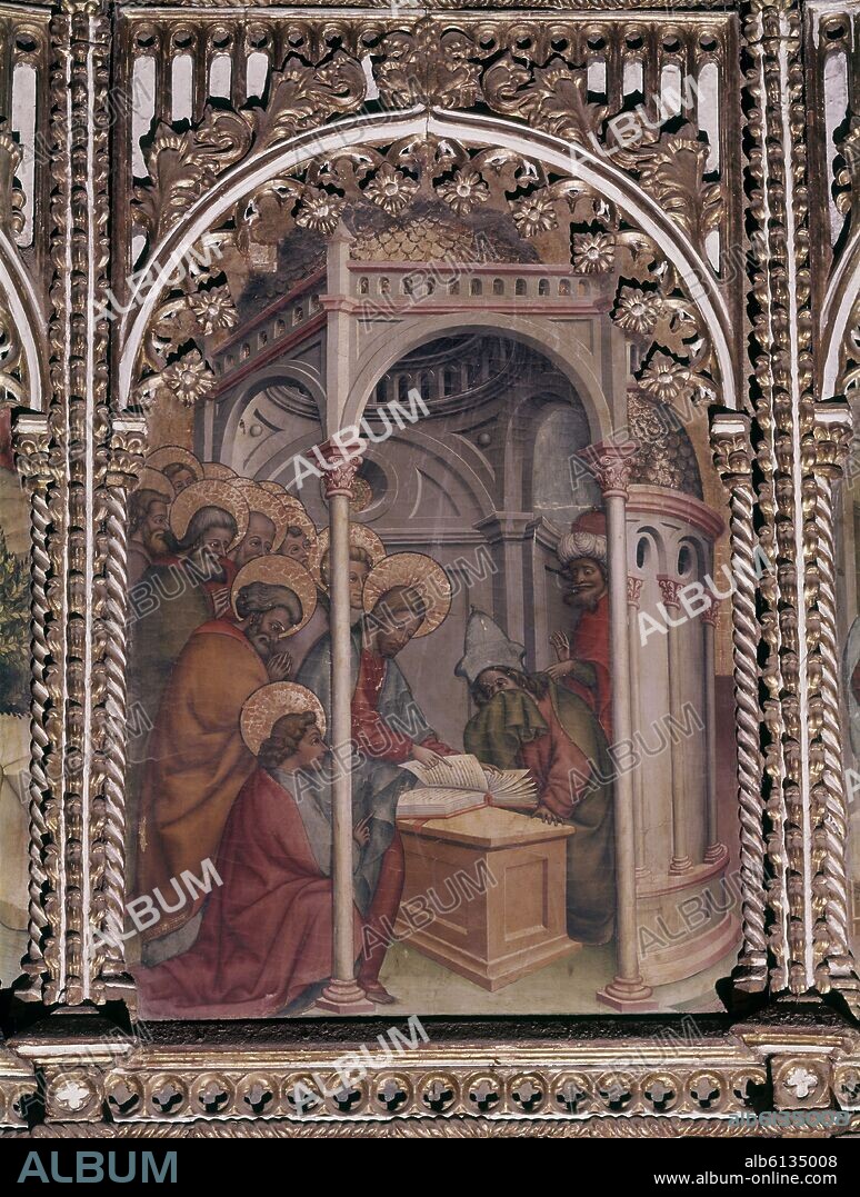 NICOLÒ DELLI. DETALLE DEL RETABLO MAYOR DE LA CATEDRAL DE SALAMANCA - JESUS DISCUTIENDO CON LOS DOCTORES - SIGLO XV - GOTICO INTERNACIONAL.