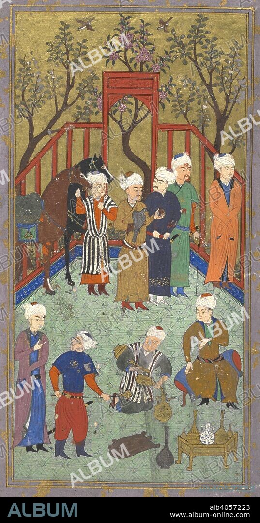 Prince entertained in a garden. ShamÄkhÄ« anthology. [A collection of poetry by 12 different authors of the 14th and 15th century.]. Copied at ShamÄkhÄ« (ShÄ«rvÄn), beginning of RabÄ«Ê» II, 873 (Oct. 1468). Source: Add. 16561, f.2. Language: Persian.