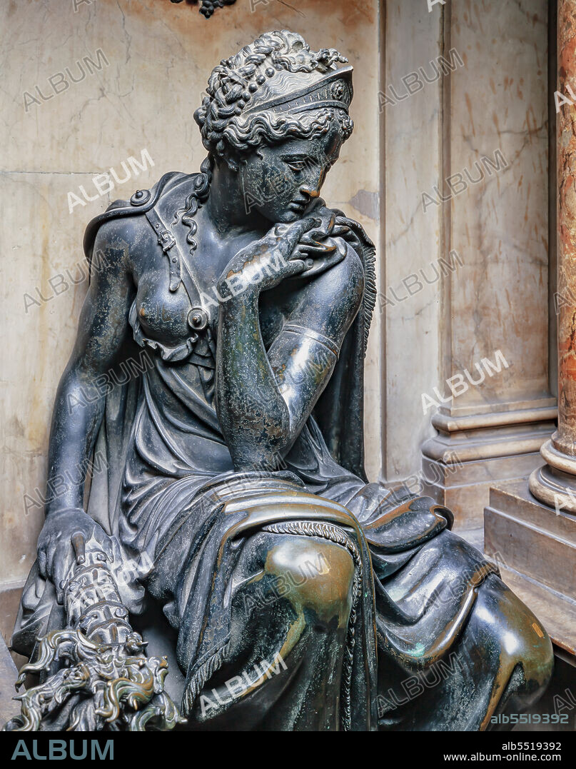 Duomo (the Cathedral), right aisle: Leone Leoni, Funeral monument of Gian Giacomo Medici known as Medeghino (1560-63). Detail of the bronze statue Allegory of the Peace.