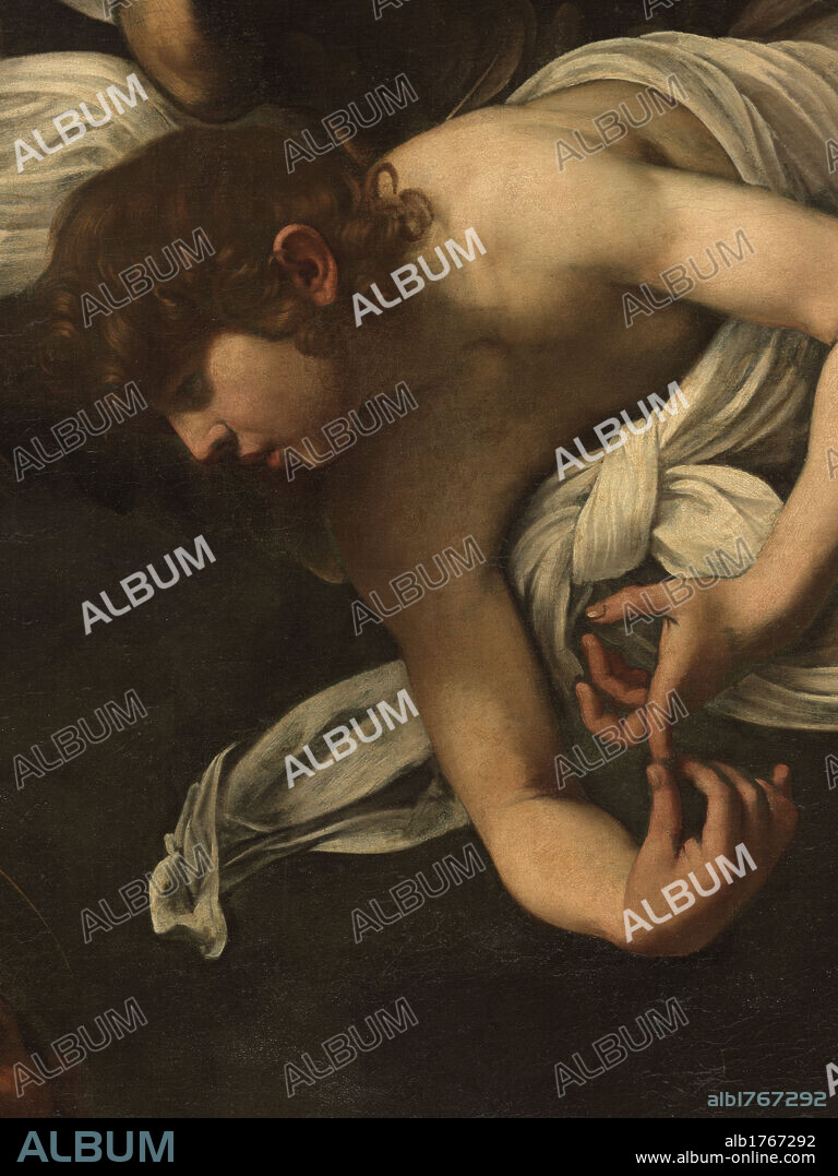 St. Matthew and the Angel, by Michelangelo Merisi known as Caravaggio, 1602, 17th Century, oil on canvas, cm 295 x 195. Italy, Lazio, Rome, San Luigi dei Francesi Church, Contarelli Chapel. Detail. Angel cloth sheet drapery., photographic campaign 2009.