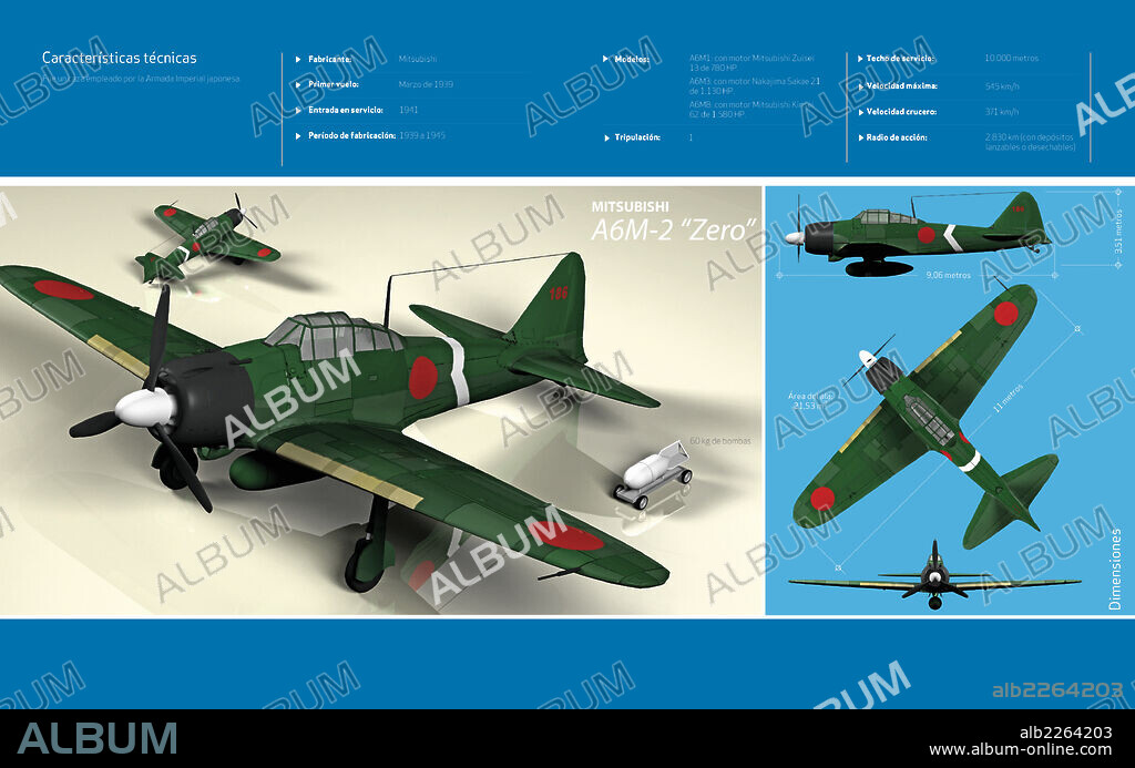 Mitsubishi A6M-2 "Zero". Infografía del caza Mitsubishi A6M-2 "Zero", avión empleado por la Armada Imperial japonesa en la Segunda Guerra Mundial.