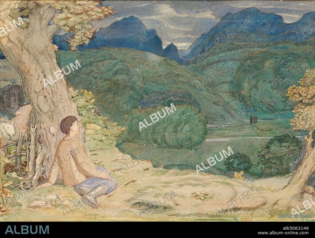 The Valley of Humiliation, 1930-36 Henry Payne (d.1939), Title taken from 'The Pilgrim's Progress' by John Bunyan, Tree, Landscape, Green, 20th Century, Watercolour, Religion, Frame, Male, Seated, Works on Paper.