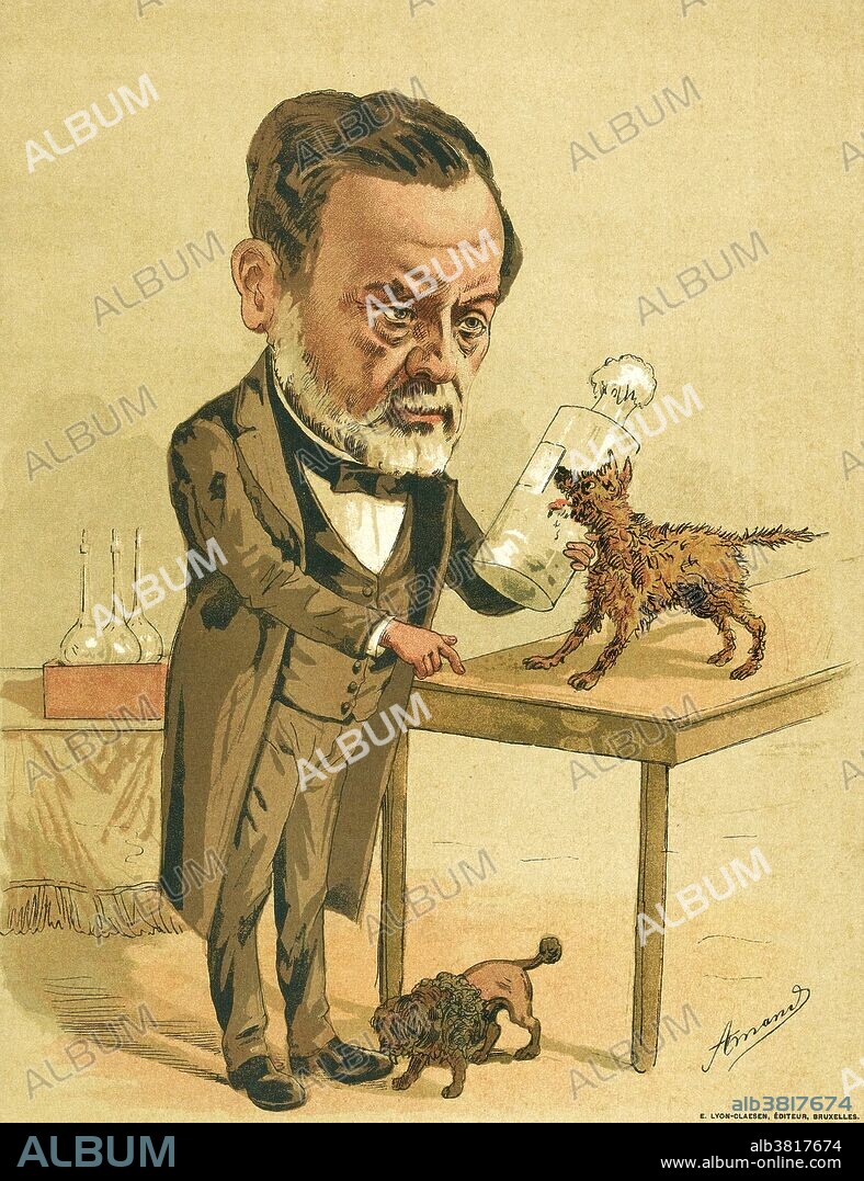 Louis Pasteur holding a glass flask and giving commands to a rabid dog on a table while a healthy dog licks his shoe. Color lithograph by Amand, 1880s. Louis Pasteur (December 27, 1822 - September 28, 1895) was a French chemist and bacteriologist who founded the science of microbiology. Pasteur discovered that disease could be caused by bacteria transmitted from person to person (the germ theory of disease). He also developed vaccines for rabies and anthrax. Pasteur also found that lightly heating food and beverages could preserve them from souring. This pasteurization process is now widely used in the food industry. As a chemist, Pasteur discovered that some crystals had two forms, one which would rotate plane-polarized light to the left, and the other would rotate light to the right. This led to the study of stereochemistry.