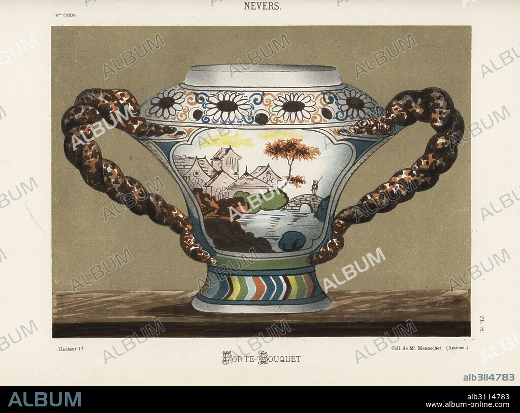 Porte-bouquet or door vase from Nevers, France, with landscape. Hand-finished chromolithograph from Ris Paquot's General History of Ancient French and Foreign Glazed Pottery, Chez l'Auteur, Paris, 1874.