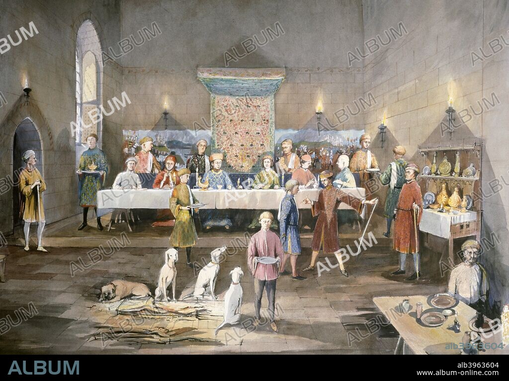 Arthur's Hall, Dover Castle, 14th century, (c1990-2010). Interior view. Reconstruction drawing of Arthur's Hall, table feast in the 14th century. A a medieval castle in Dover, Kent, founded in the 11th century and described as the Key to England due to its defensive significance throughout history. Between 1217 and 1256 Henry III spent 7500 pounds improving the castle's defences. Arthur's Hall, at the end of The Inner Curtain Walls  along the eastern wall of the inner bailey, and was finished in 1240.