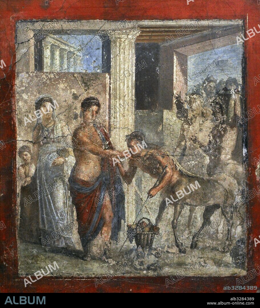 Homenaje de los Centauros. Centauros en la Corte del rey Pirítoo, durante su boda con Hipodamia. Pintura mural romana. Procedente de la casa de Gavius Rufus, Pompeya. Museo Arqueológico Nacional. Nápoles. Italia.