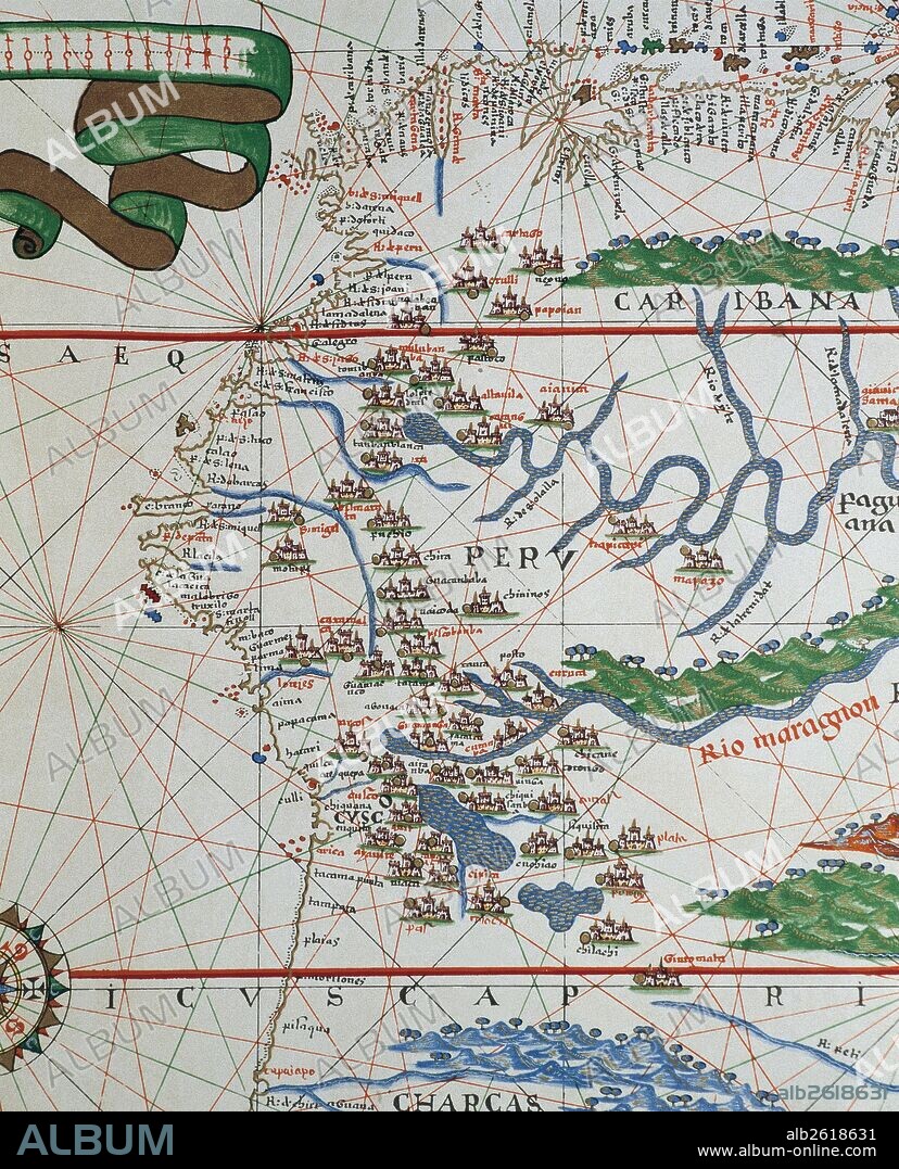 "MAPA DE LA COSTA OESTE DE AMERICA, DE LAS ACTUALES NACIONES DEL PERU, ECUADOR Y COLOMBIA". ATLAS PORTULANO o CARTA NAUTICA DE JOAN MARTINES, cartógrafo español, perteneciente a la Escuela Mallorquina. El manuscrito consta de 19 mapas a doble folio. Messina (Sicilia), 1587. Biblioteca Nacional, Madrid. España.