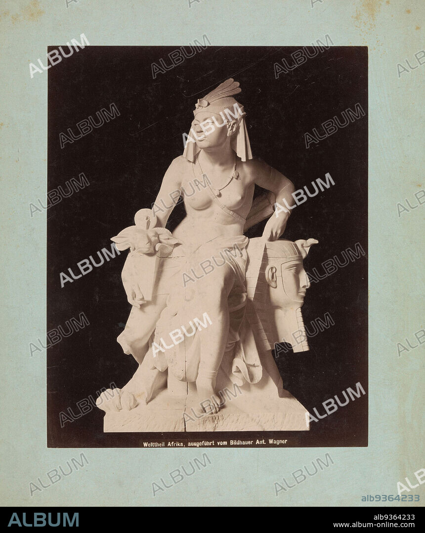 Sculpture of a personification of the continent Africa by Antonín Pavel Wagner, Welttheil Afrika, ausgeführt vom Bildhauer Ant. Wagner (title on object), Josef Löwy (mentioned on object), Europe, c. 1875 - c. 1900, cardboard, albumen print, height 255 mm × width 203 mm.