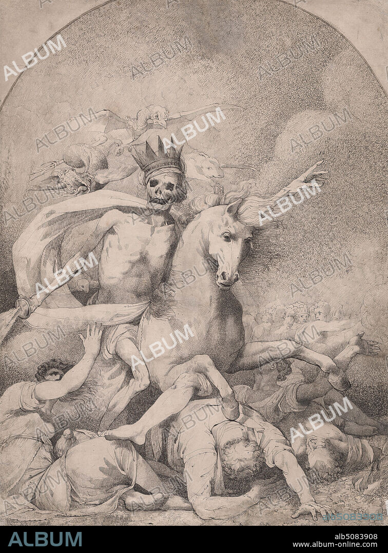 Death on a Pale Horse, John Hamilton Mortimer, 17401779, British, ca. 1775, Pen and black ink and gray ink on moderately thick, moderately textured, cream wove paper, Sheet: 24 5/8 x 18 1/2 inches (62.5 x 47 cm), begging, bodies, clouds, crowns, death, dragon, dying, falling, fear, grass, hands, horse (animal), horseback riding, mist, monsters, pleading, religious and mythological subject, running, skeletons, skulls (skeleton components), swords, vultures.