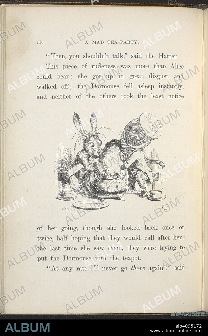 The Mad Hatter and March hare trying to put the Dormouse into a teapot. Alice's Adventures in Wonderland. With forty-two illustrations by John Tenniel. London : Macmillan & Co., 1866 [1865]. Source: C.59.g.11 page 110.