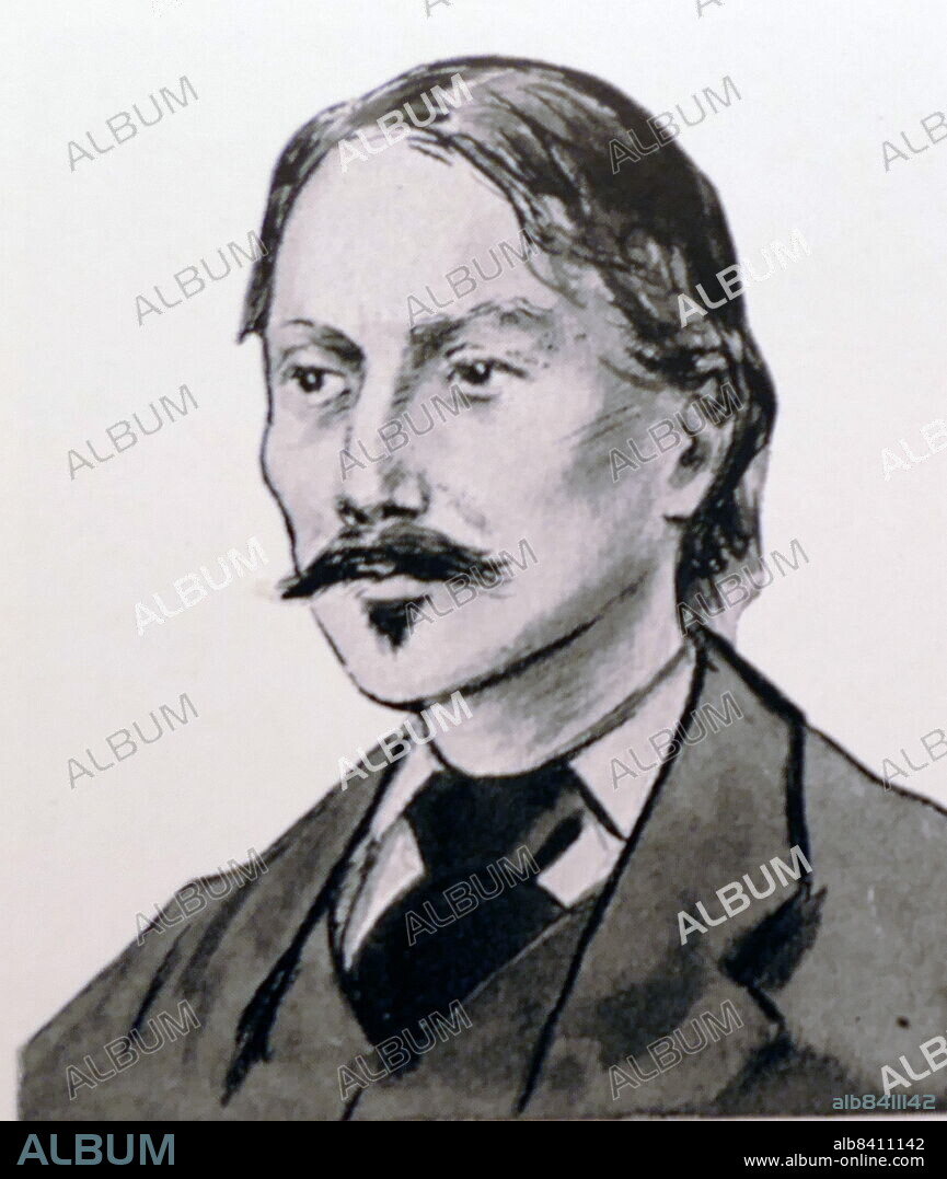 Robert Louis Stevenson (born Robert Lewis Balfour Stevenson; 13 November 1850 - 3 December 1894) was a Scottish novelist, essayist, poet and travel writer. He is best known for works such as Treasure Island, Strange Case of Dr Jekyll and Mr Hyde, Kidnapped and A Child's Garden of Verses. Black and white drawing.