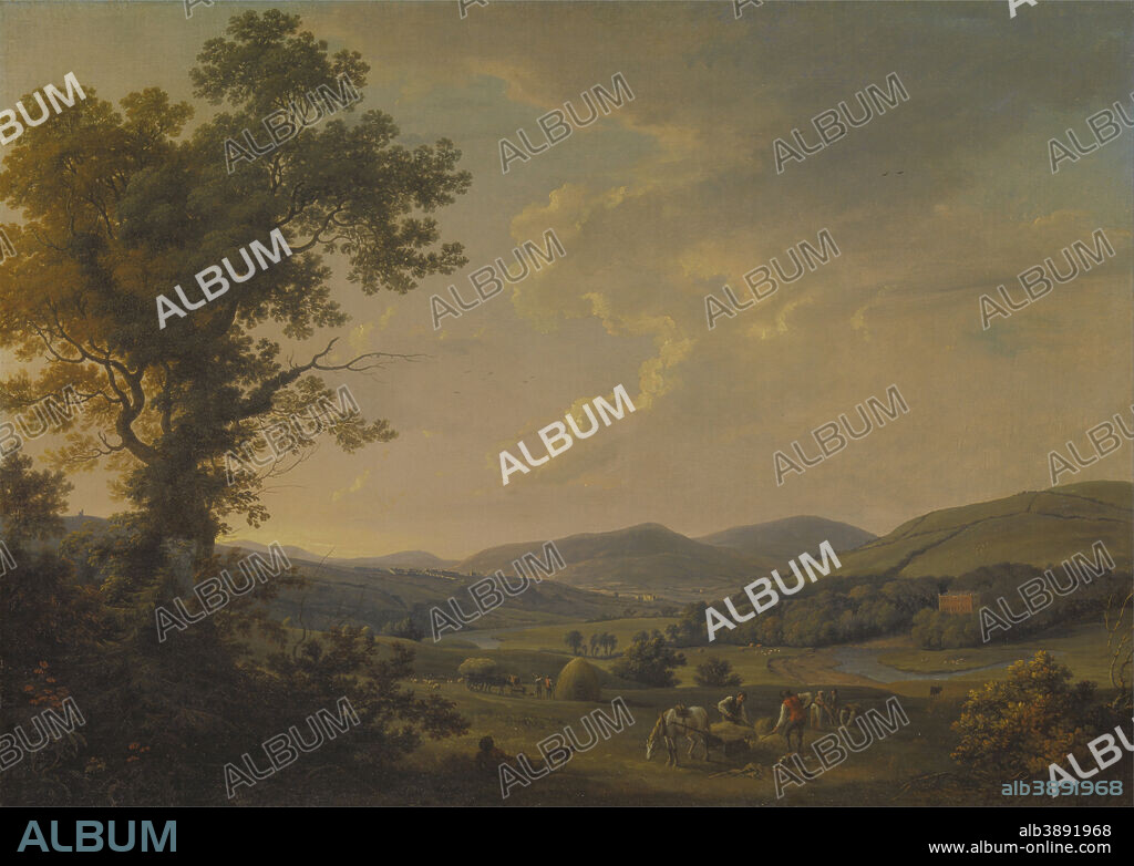WILLIAM ASHFORD. Landscape with Haymakers and a Distant View of a Georgian House. Date/Period: Ca. 1780. Painting. Oil on canvas. Height: 762 mm (30 in); Width: 1,067 mm (42 in).