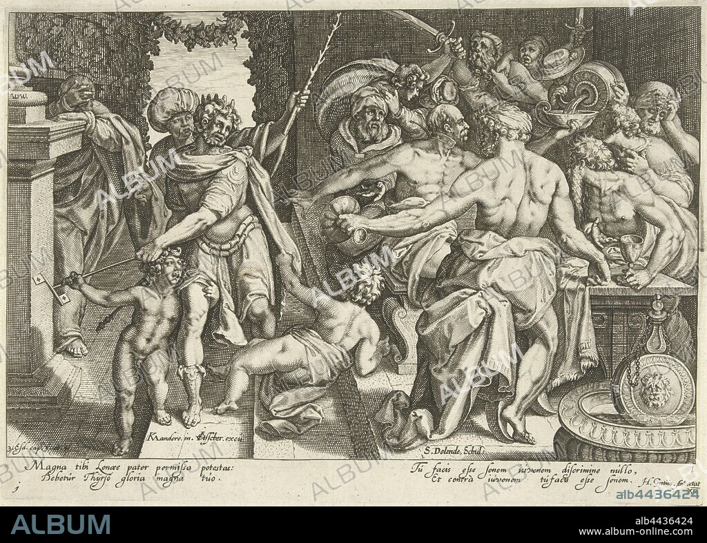 Wine Scenes from the Apocrypha Bible Book 3 Esdras, Allegorical representation with wine as ruler of the world. A group of men indulges in wine. Eventually two boys take the king's scepter and keys from the king. There is fighting in the background. Presentation from 3 Ezr 3-4., Wine, alcoholic drinks, bacchanal: Bacchus with his wine-flushed train (thiasos), the first guardsman says (writes) that wine is the strongest of all things, contest of the three guardsmen, Zacharias Dolendo (mentioned on object), Amsterdam, 1595 - 1596 and/or 1600 - 1652, paper, engraving, h 210 mm × w 290 mm.