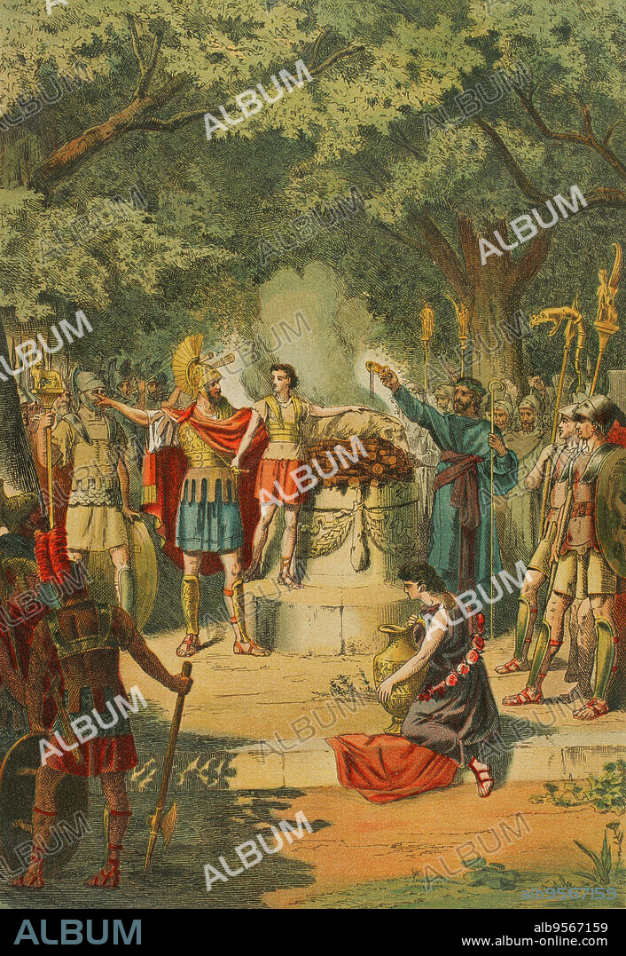 Anibal Barca (247-183 a.C.). General y estadista cartaginés. Anibal en el Templo de Cartago con su padre Amílcar Barca, a la edad de nueve años, realizando juramento de odio eterno a Roma sumergiendo sus manos en la sangre del animal sacrificado. Cromolitografía. Historia Universal, por César Cantú. Tomo II, 1881.