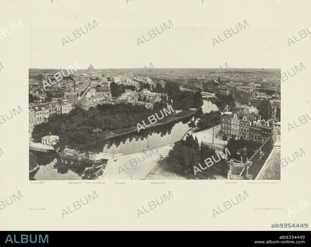 Stadhouderskade, seen from the eastern middle tower of the Rijksmuseum to the east, Amsterdam, Weteringstraat, Lijnbaangracht, Paleis voor Volksvlijt, Singelgracht, Stadhouderskade, Ruijsdaelkade, Watertoren van Nieuwer-Amstel (title on object), Gerrit Hendricus Heinen (mentioned on object), H. Kleinmann & Co (mentioned on object), Amsterdam, c. 1889 - in or before 1894, paper, collotype, height 282 mm × width 463 mmheight 482 mm × width 640 mm.